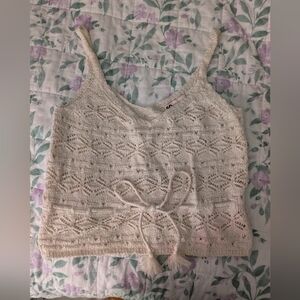 SO Women's Small White Knit Boho Tie V Neck Tank Top